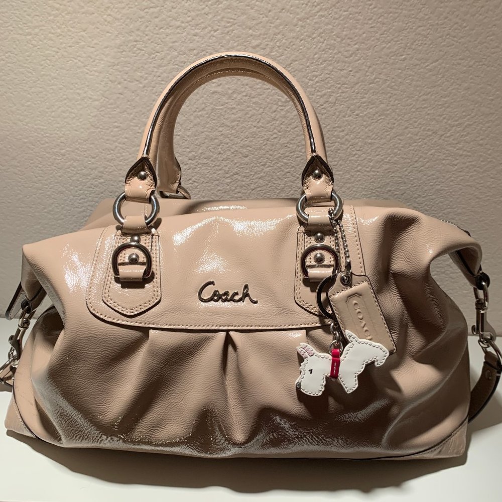 Coach Ashley Patent Leather Beige Satchel Handbag